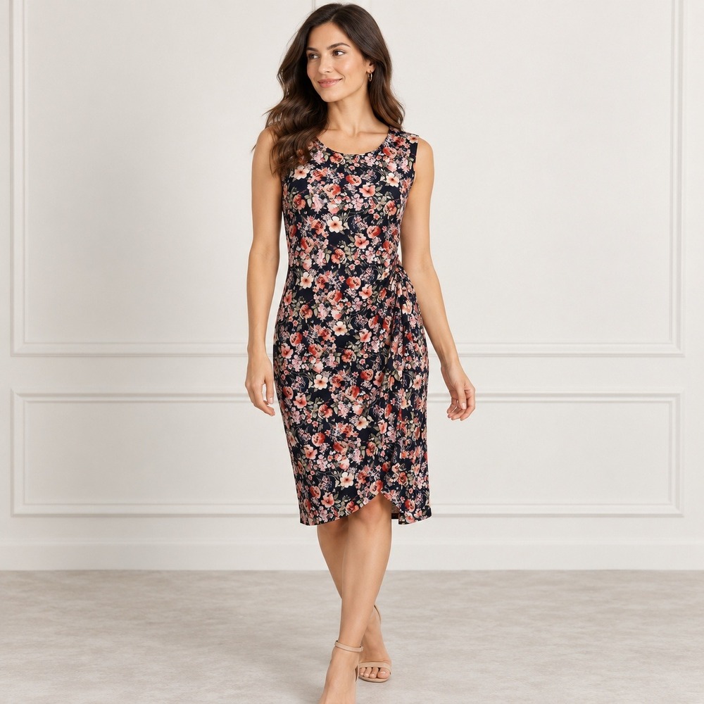 Verse Floral Rouched Sheath Midi Dress Navy Faux-wrap Romantic Cottagecore L